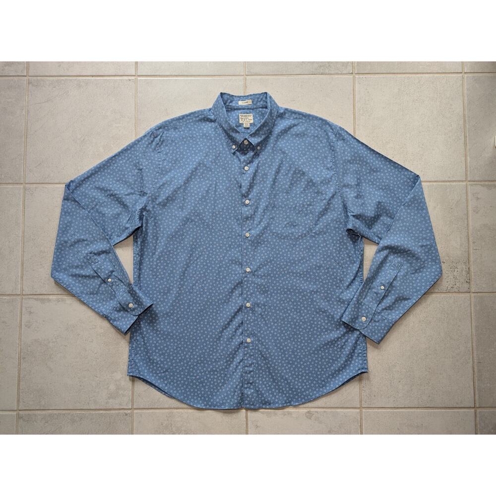 J Crew Men's XL Secret Wash Classic Shirt Stretch Blue White Geometric Print